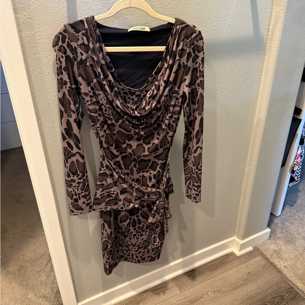 Roberto Cavalli Leopard Print Cowl Neck Long Sleeve Dress